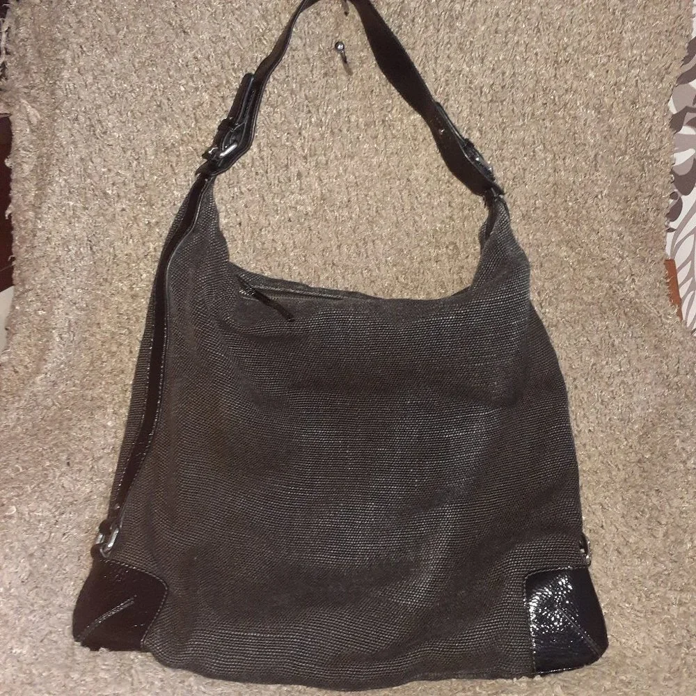 CLUB MONACO-Black Burlap & Patent Leather-Hobo